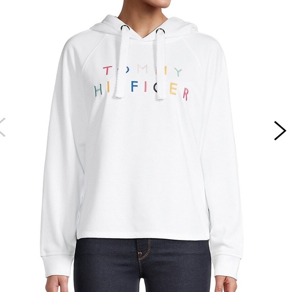 Tommy Hilfiger Embroidered Raglan-Sleeve Hoodie - White / Rainbow Lettering - L - Picture 1 of 4